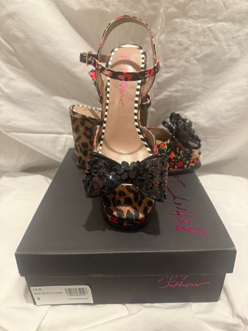 Lilie Betsey Johnson Black Floral Platform Sandal with Pink, Red, Orange Accents - Picture 2 of 5
